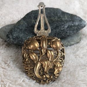 Art Nouveau Deco Brass Repousse Filigree German Style Dress Clip